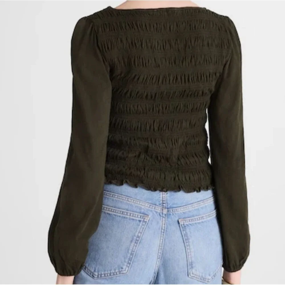 Madewell Smocked Boatneck Puff Sleeve Top Jet Black Slim XL Minimalist Feminine